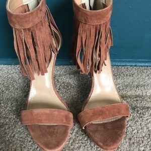 BCBG MAXAZRIA SUEDE ANKLE FRINGE HIGH HEEL SANDAL